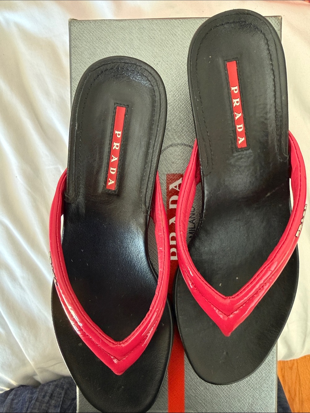 Prada Black & Red Patent Leather Thong Sandals